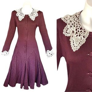 Vintage Purple Long Sleeve Dress with Lace Collar